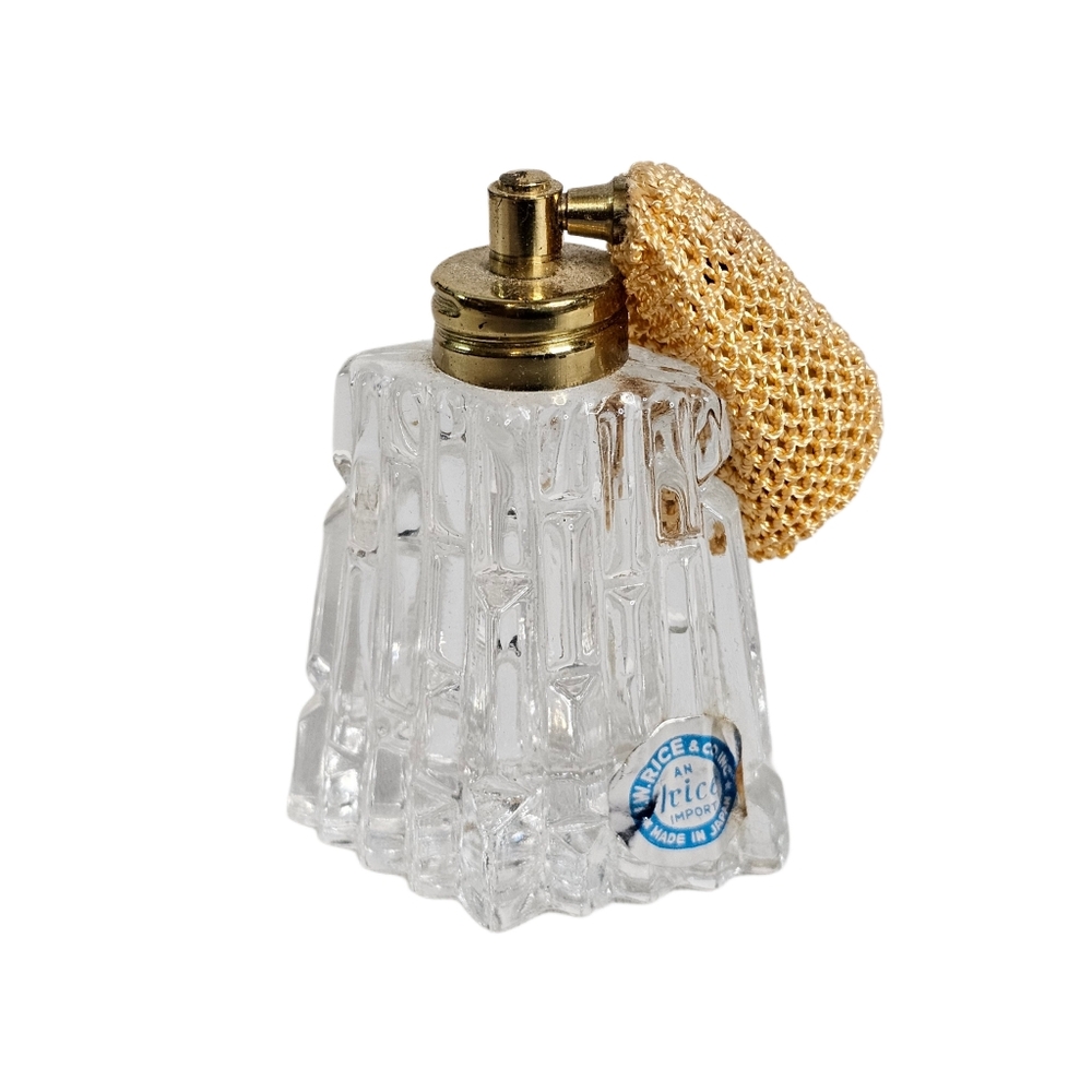 Vtg IRice Perfume Fragrance Bottle Empty & Gold Atomizer Bulb Cut Glass Art Deco